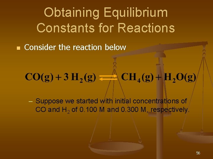 Obtaining Equilibrium Constants for Reactions n Consider the reaction below – Suppose we started