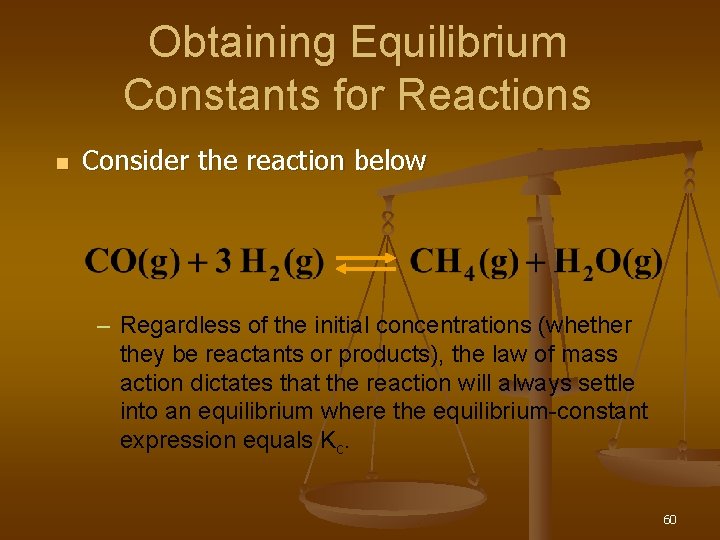 Obtaining Equilibrium Constants for Reactions n Consider the reaction below – Regardless of the