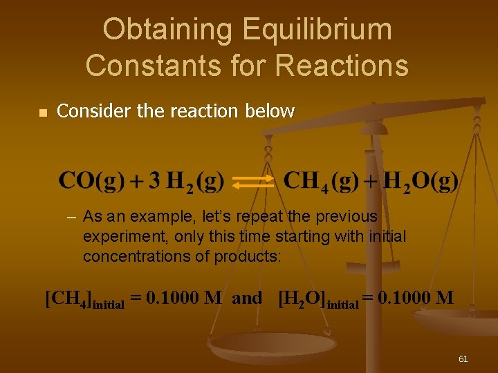 Obtaining Equilibrium Constants for Reactions n Consider the reaction below – As an example,