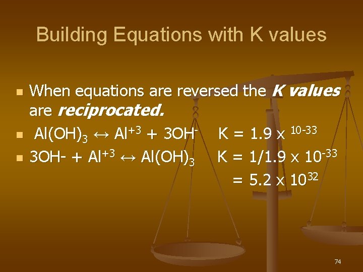 Building Equations with K values n n n When equations are reversed the K