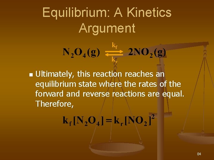 Equilibrium: A Kinetics Argument kf kr n Ultimately, this reaction reaches an equilibrium state