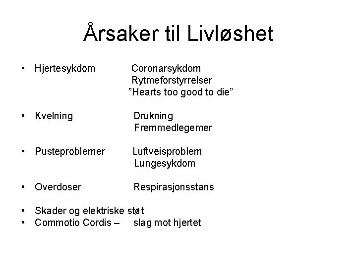 Årsaker til Livløshet • Hjertesykdom Coronarsykdom Rytmeforstyrrelser ”Hearts too good to die” • Kvelning