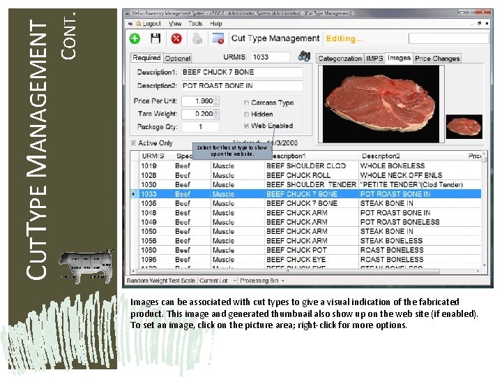 CONT. CUTTYPE MANAGEMENT Select for the cut type to show up on the web