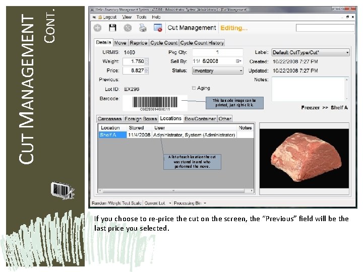 CONT. CUT MANAGEMENT This barcode image can be printed, just right-click. A list of