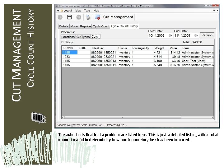 CYCLE COUNT HISTORY CUT MANAGEMENT The actual cuts that had a problem are listed