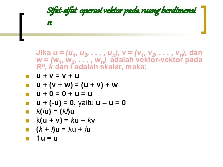Sifat-sifat operasi vektor pada ruang berdimensi n n n n n Jika u =