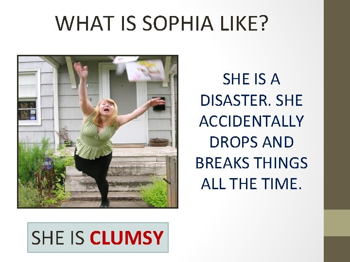 WHAT IS SOPHIA LIKE? SHE IS A DISASTER. SHE ACCIDENTALLY DROPS AND BREAKS THINGS
