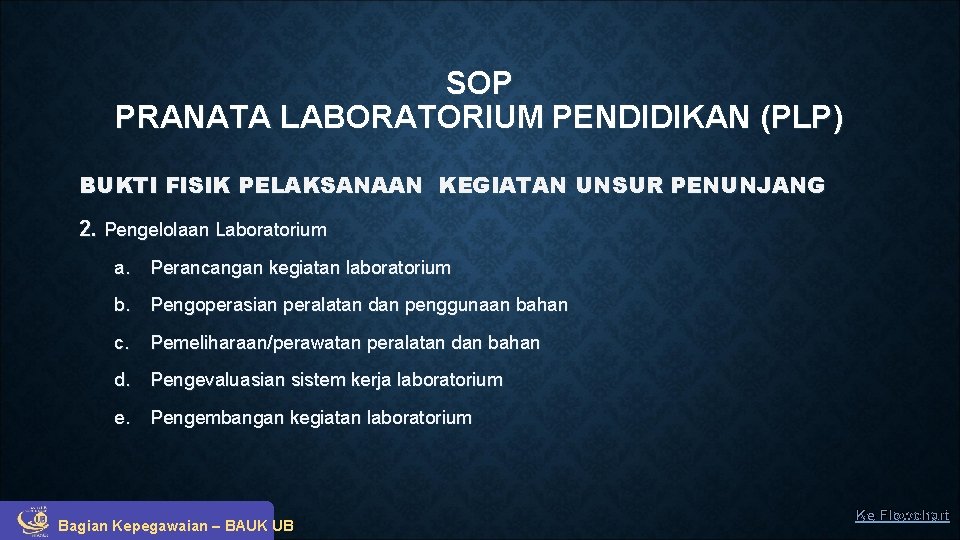 SOP PRANATA LABORATORIUM PENDIDIKAN (PLP) BUKTI FISIK PELAKSANAAN KEGIATAN UNSUR PENUNJANG 2. Pengelolaan Laboratorium