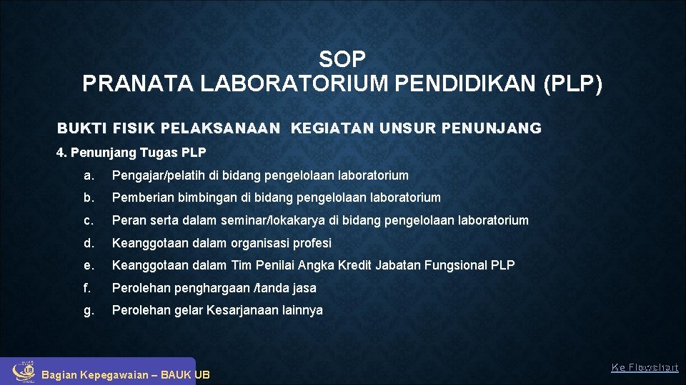 SOP PRANATA LABORATORIUM PENDIDIKAN (PLP) BUKTI FISIK PELAKSANAAN KEGIATAN UNSUR PENUNJANG 4. Penunjang Tugas