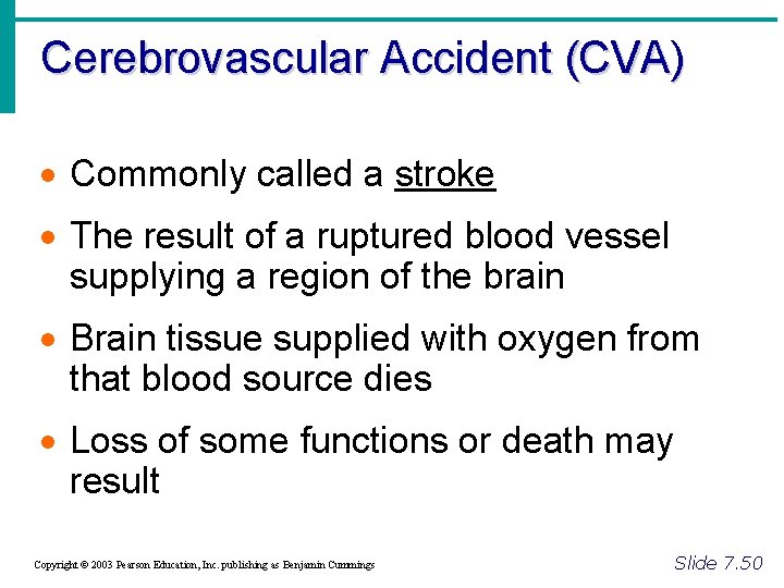 Cerebrovascular Accident (CVA) · Commonly called a stroke · The result of a ruptured