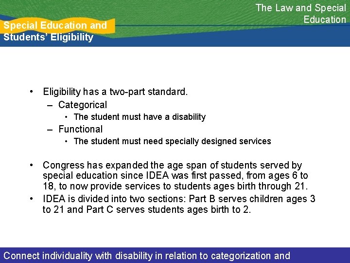 Special Education and Students’ Eligibility The Law and Special Education • Eligibility has a