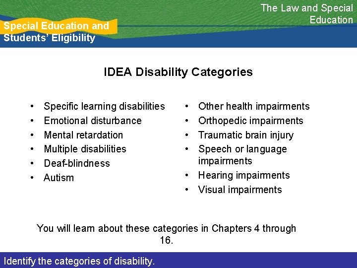 The Law and Special Education and Students’ Eligibility IDEA Disability Categories • • •