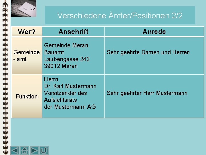 25 Verschiedene Ämter/Positionen 2/2 Wer? Anschrift Gemeinde Meran Gemeinde Bauamt - amt Laubengasse 242 25 Verschiedene Ämter/Positionen 2/2 Wer? Anschrift Gemeinde Meran Gemeinde Bauamt - amt Laubengasse 242
