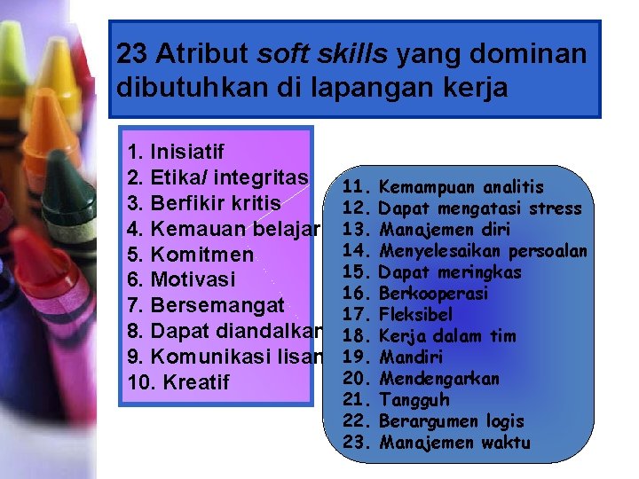 23 Atribut soft skills yang dominan dibutuhkan di lapangan kerja 1. Inisiatif 2. Etika/