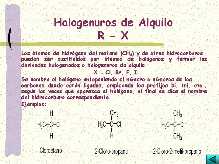 Halogenuros de Alquilo R - X Los átomos de hidrógeno del metano (CH 4)