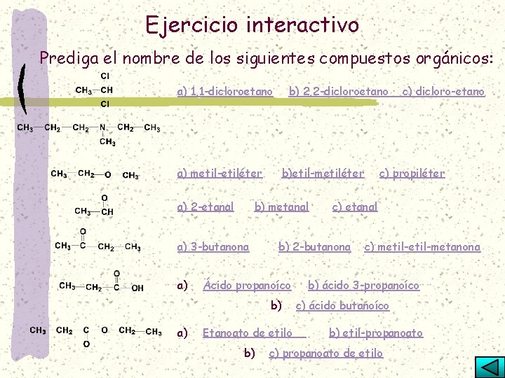 Ejercicio interactivo Prediga el nombre de los siguientes compuestos orgánicos: a) 1, 1 -dicloroetano