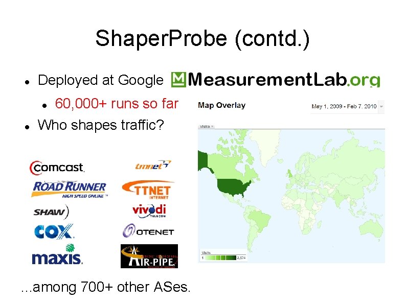 Shaper. Probe (contd. ) Deployed at Google M-Lab 60, 000+ runs so far Who