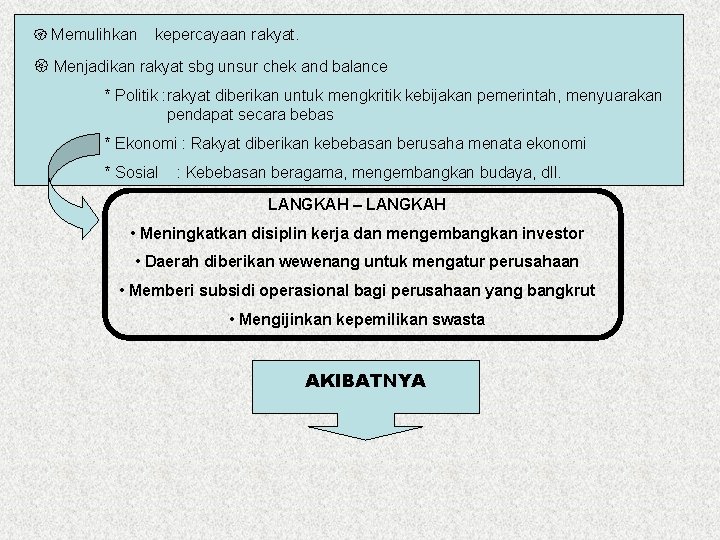  Memulihkan kepercayaan rakyat. Menjadikan rakyat sbg unsur chek and balance * Politik :