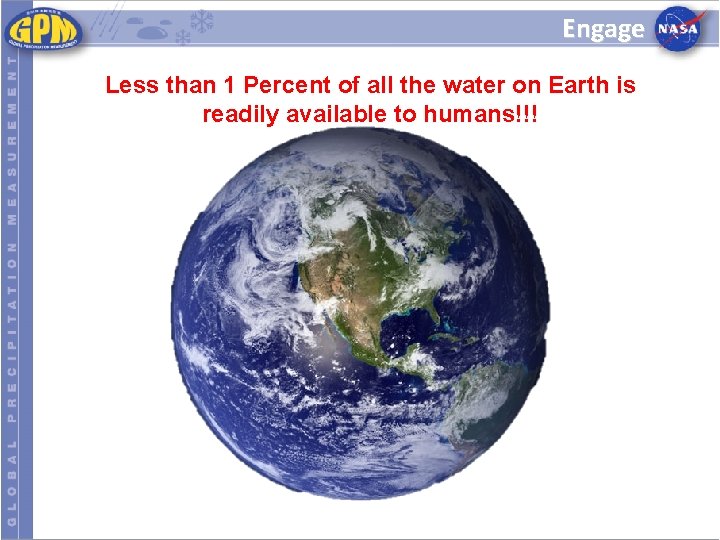 Engage Less than 1 Percent of all the water on Earth is readily available