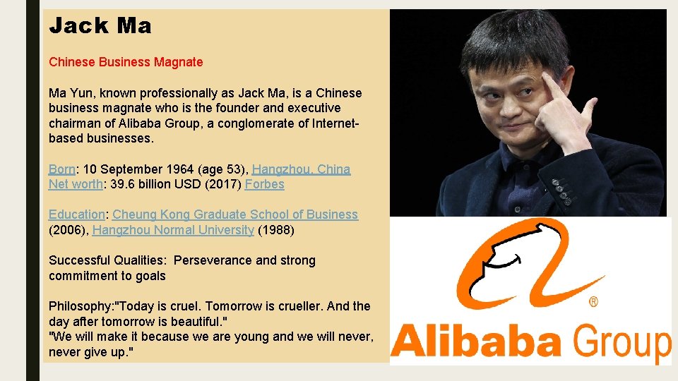 Jack Ma Chinese Business Magnate Ma Yun, known professionally as Jack Ma, is a