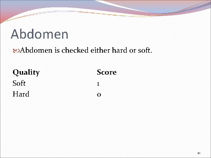 Abdomen is checked either hard or soft. Quality Soft Hard Score 1 0 10