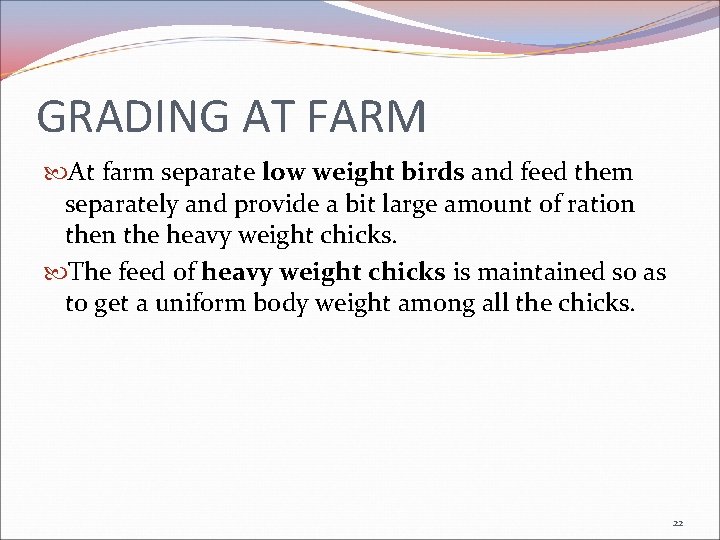 GRADING AT FARM At farm separate low weight birds and feed them separately and
