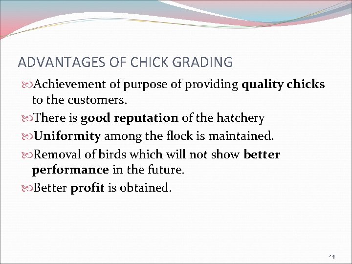 ADVANTAGES OF CHICK GRADING Achievement of purpose of providing quality chicks to the customers.