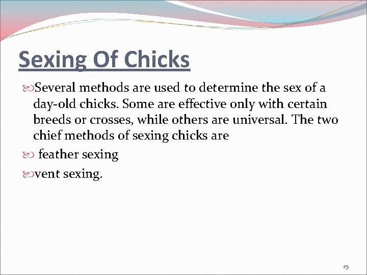 Sexing Of Chicks Several methods are used to determine the sex of a day-old