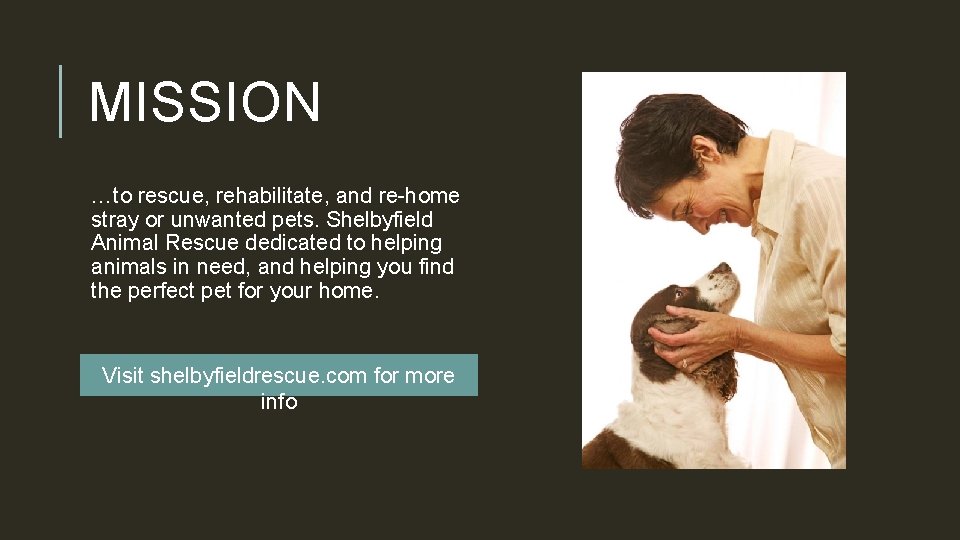 MISSION …to rescue, rehabilitate, and re-home stray or unwanted pets. Shelbyfield Animal Rescue dedicated