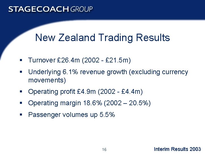 New Zealand Trading Results § Turnover £ 26. 4 m (2002 - £ 21.