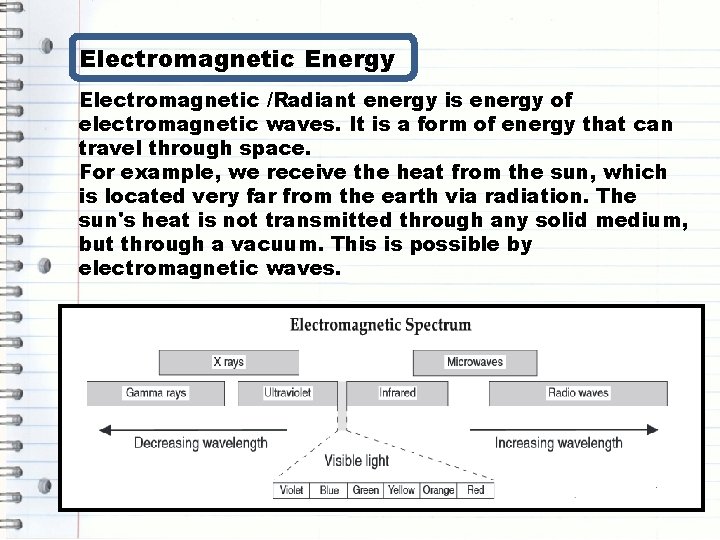Electromagnetic Energy Electromagnetic /Radiant energy is energy of electromagnetic waves. It is a form