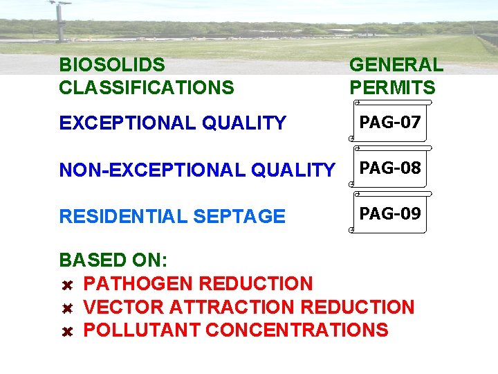 BIOSOLIDS CLASSIFICATIONS GENERAL PERMITS EXCEPTIONAL QUALITY PAG-07 NON-EXCEPTIONAL QUALITY PAG-08 RESIDENTIAL SEPTAGE PAG-09 BASED