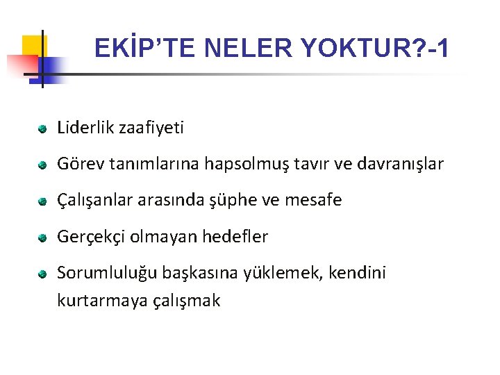 EKİP’TE NELER YOKTUR? -1 Liderlik zaafiyeti Görev tanımlarına hapsolmuş tavır ve davranışlar Çalışanlar arasında