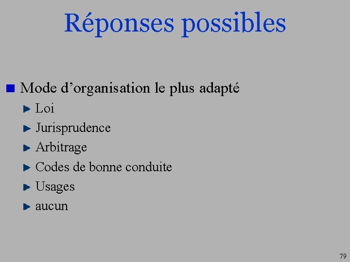 Réponses possibles Mode d’organisation le plus adapté Loi Jurisprudence Arbitrage Codes de bonne conduite