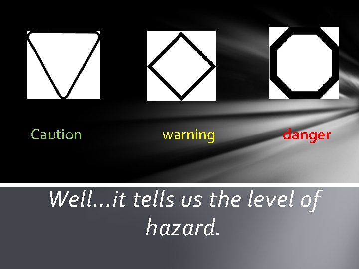 Caution warning danger Well…it tells us the level of hazard. Caution warning danger Well…it tells us the level of hazard.