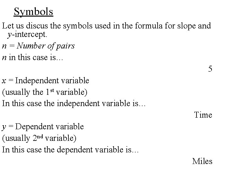 Symbols Let us discus the symbols used in the formula for slope and y-intercept.