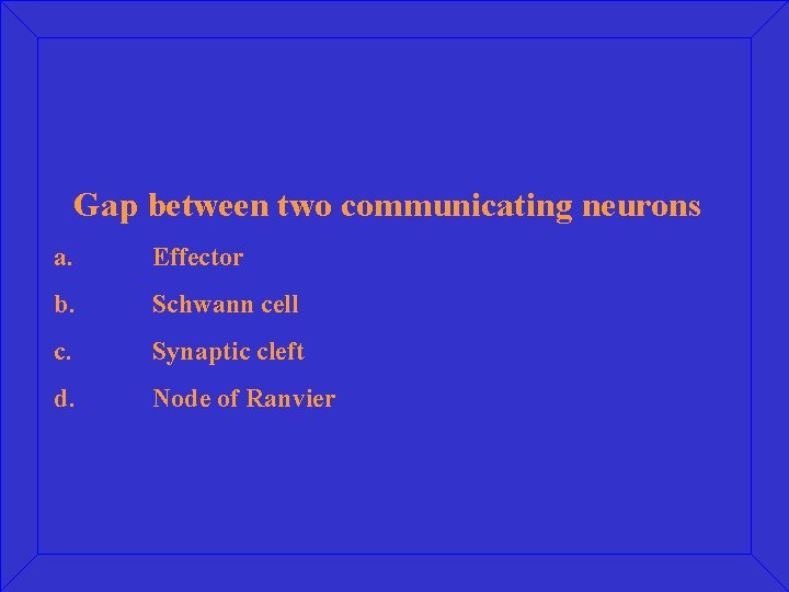 Gap between two communicating neurons a. Effector b. Schwann cell c. Synaptic cleft d.