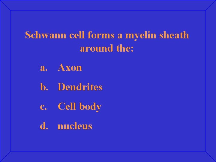 Schwann cell forms a myelin sheath around the: a. Axon b. Dendrites c. Cell