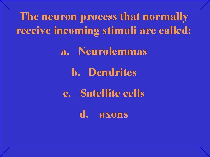The neuron process that normally receive incoming stimuli are called: a. Neurolemmas b. Dendrites