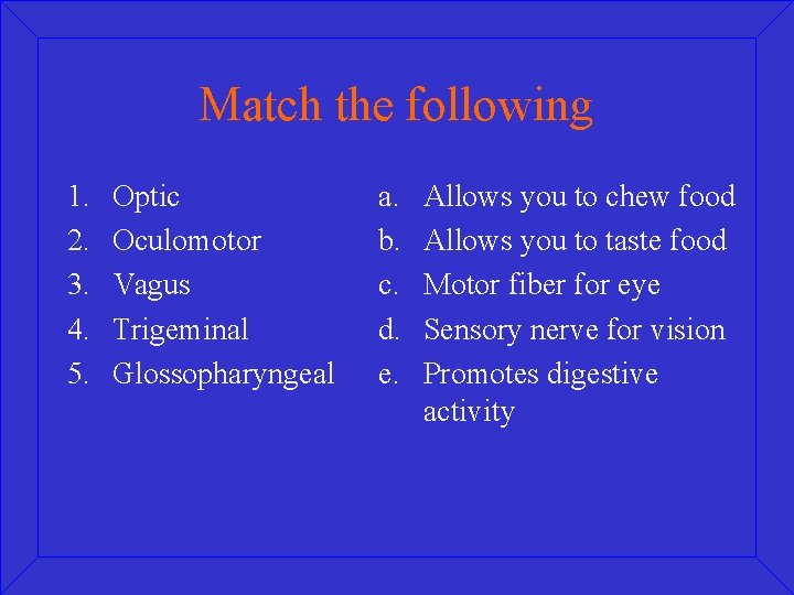 Match the following 1. 2. 3. 4. 5. Optic Oculomotor Vagus Trigeminal Glossopharyngeal a.