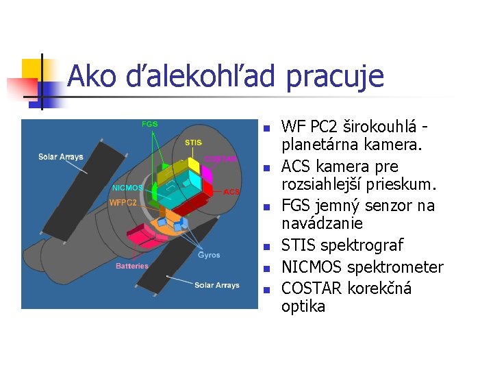 Ako ďalekohľad pracuje n n n WF PC 2 širokouhlá planetárna kamera. ACS kamera