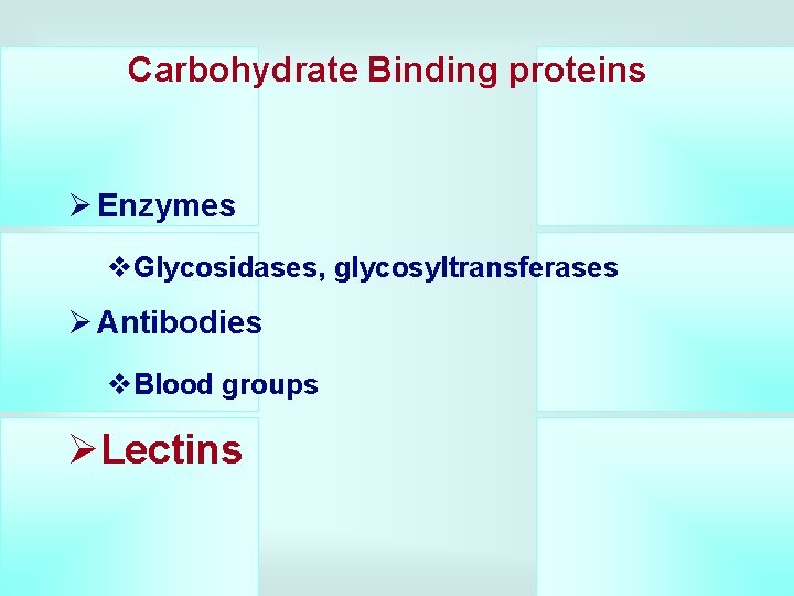 Carbohydrate Binding proteins Ø Enzymes v. Glycosidases, glycosyltransferases Ø Antibodies v. Blood groups ØLectins