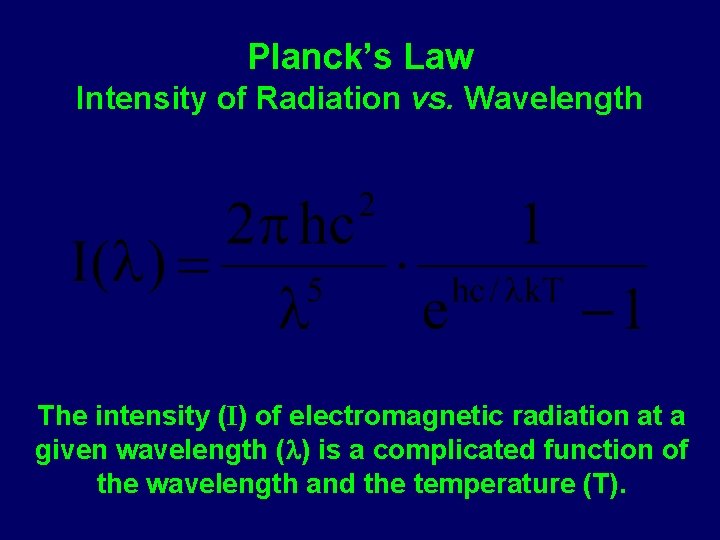 Planck’s Law Intensity of Radiation vs. Wavelength The intensity (I) of electromagnetic radiation at
