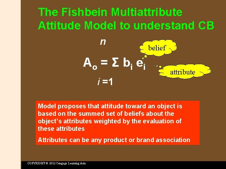 The Fishbein Multiattribute Attitude Model to understand CB n Ao = Σ b i