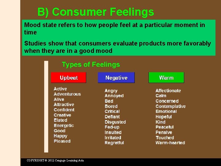 B) Consumer Feelings Mood state refers to how people feel at a particular moment