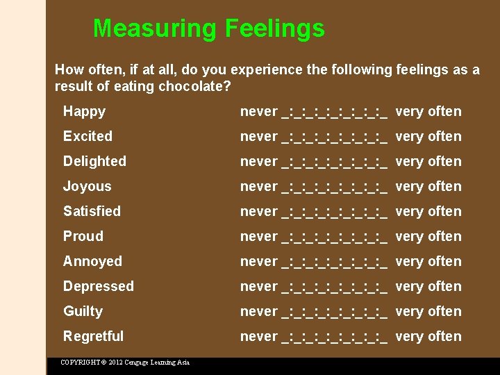 Measuring Feelings How often, if at all, do you experience the following feelings as