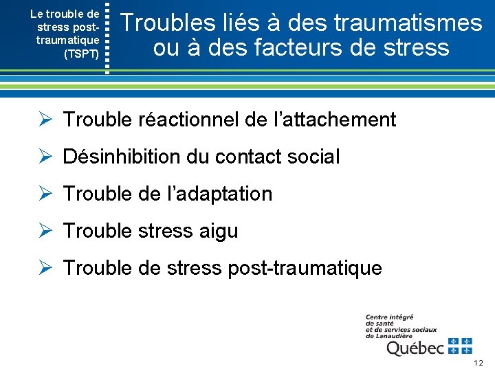 Le trouble de stress post- traumatique (TSPT) Troubles liés à des traumatismes ou à