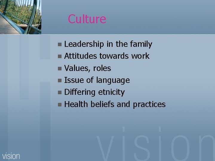 Culture Leadership in the family n Attitudes towards work n Values, roles n Issue