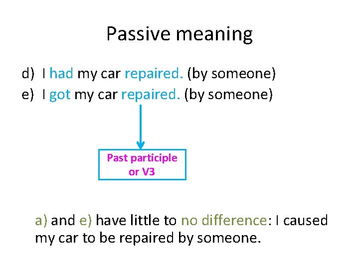 Passive meaning d) I had my car repaired. (by someone) e) I got my