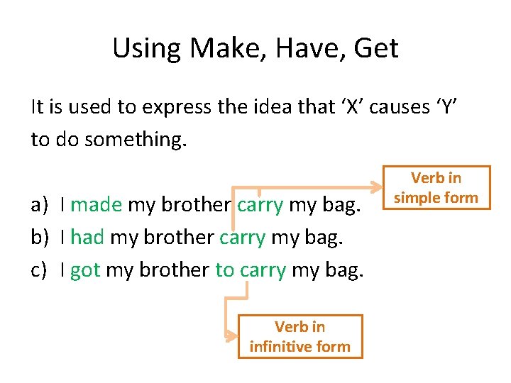 Using Make, Have, Get It is used to express the idea that ‘X’ causes